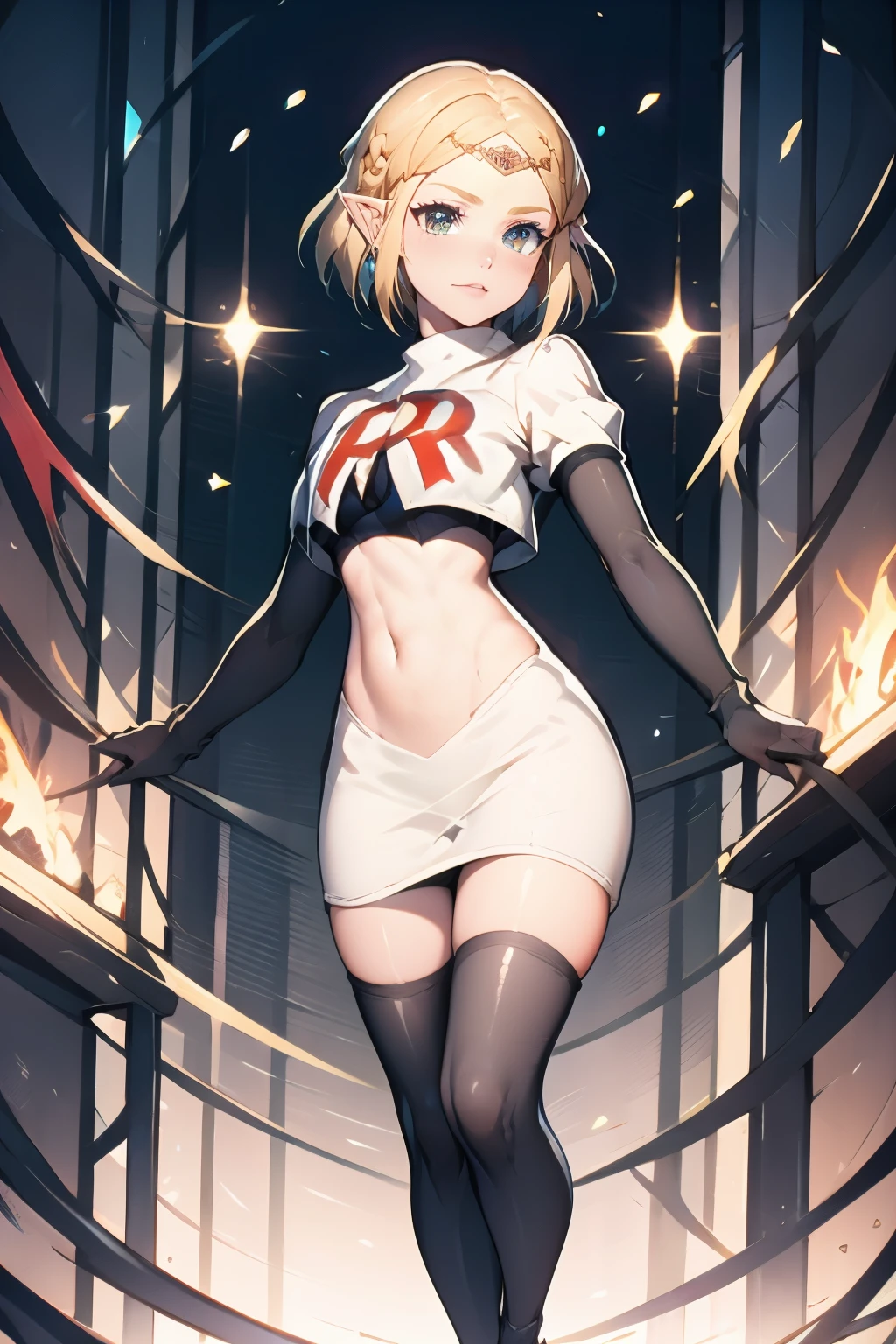 ZeldaTOTK, team rocket,team rocket uniform, red letter R, white skirt,white crop top,black thigh-highs,black elbow gloves, sinister villianess look,