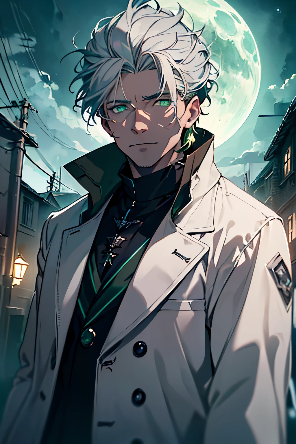 masterpiece, best quality, ((1boy)), (colorful),(finely detailed beautiful eyes and detailed face),cinematic lighting,extremely detailed CG unity 8k wallpaper, sky, cloudy_sky, building, moonlight, moon, night, (dark theme:1.3), light, fantasy, ((Green Eyes)) ((White Skin)) (((Grey Hair with green accents))) ((time Lord)) ((brown overcoat)) ((old man))