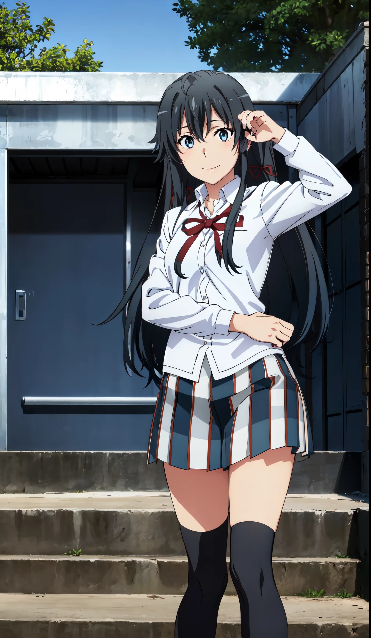 Best quality, masterpiece, highres, 1girl, yukinoshita yukino , school uniform, Plaited skirt, long hair, red ribbon, white shirt, black jacket, Thigh socks , blue eyes, boobs, Standing, smile, school background