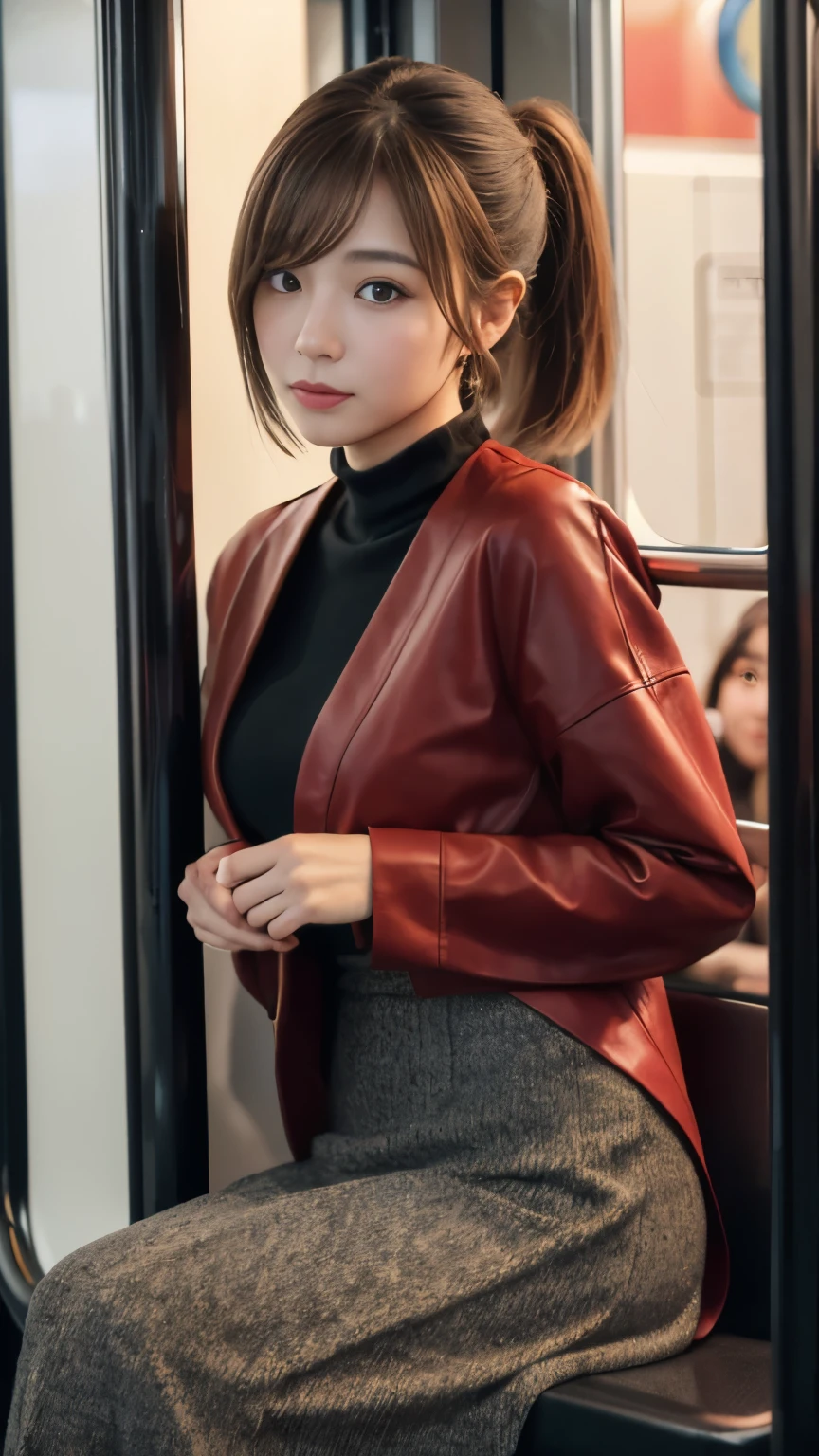 (top-quality、8k、32k、masterpiece、UHD:1.2)、depth of field:1.2、black smoke:1.1、Photo of a cute Japanese woman、Short Woman、30-years old、beautiful and flawless face, Long、poneyTail, short brown hair、beauitful face、A slender:1.2、intricate-detail, Cinematic feel,full of shyness、Panic face、A face with an open mouth and a pleasant look、Composition in which no face is visible except for women、congestion:1.37、Trem lotadoで背の高い男性に囲まれている、the body is in close contact with the male,、covered lift、skirt lift:1.1)、Trem lotado、On the train、strap、Winter clothes、long-sleeve、commute、wearing red outerwear、There are a lot of people