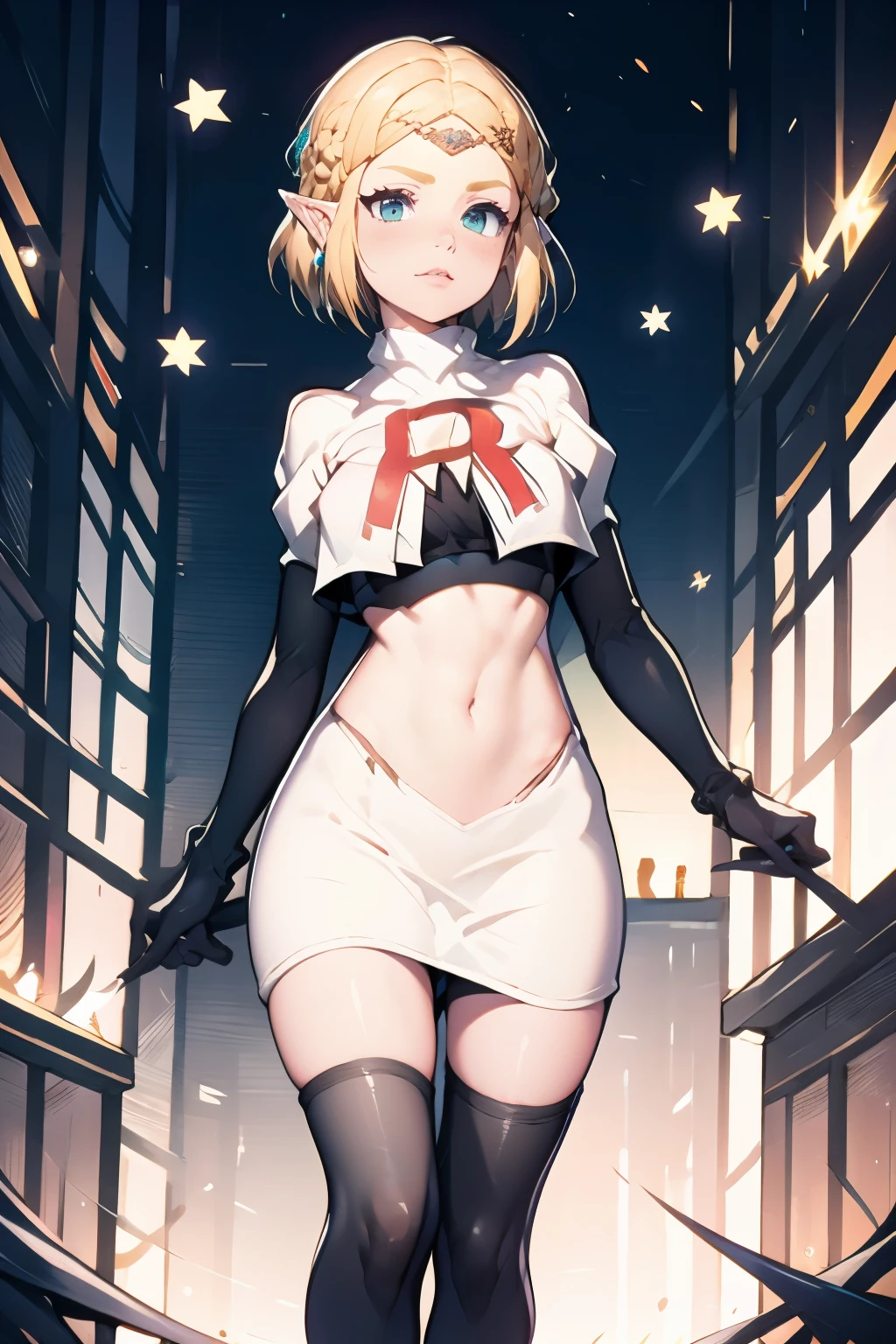 ZeldaTOTK, team rocket,team rocket uniform, red letter R, white skirt,white crop top,black thigh-highs,black elbow gloves, sinister villianess look,