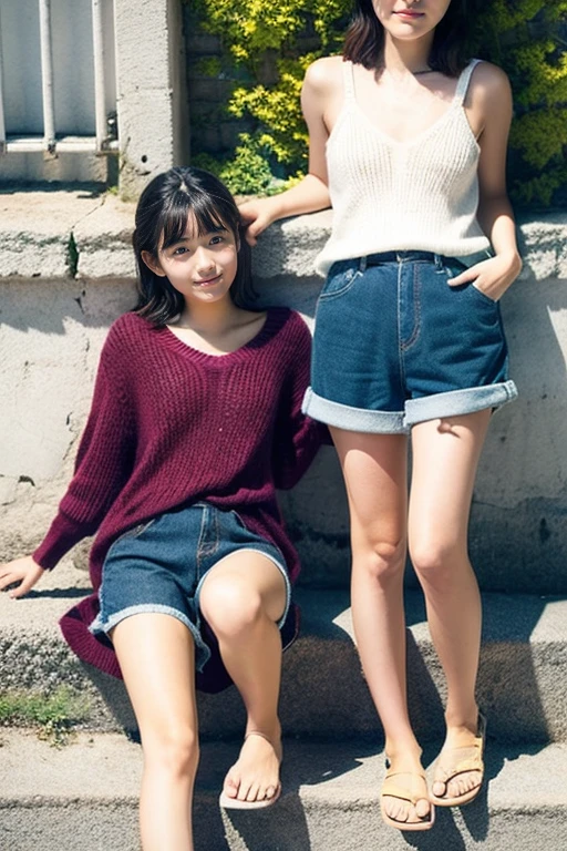 Two beautiful girls wearing summer knits、japanes、15yo student、look away from the camera、terraces、Spinning、A dark-haired、One person has a short bob、shortpants、