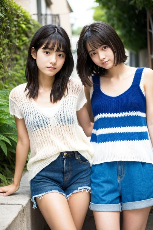 Two beautiful girls wearing summer knits、japanes、15yo student、look away from the camera、terraces、Spinning、A dark-haired、One person has a short bob、shortpants、