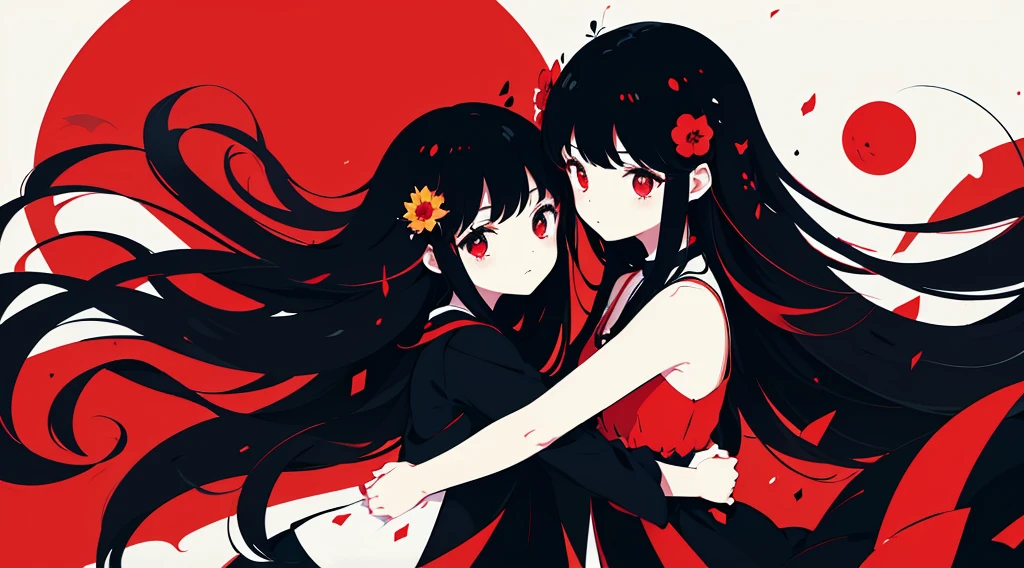 (2 girls, black hair, long hair, red eyes, black sundress, hug, cute, kawaii), (red moon, black flower field), (low contrast, flat color, limited palette)