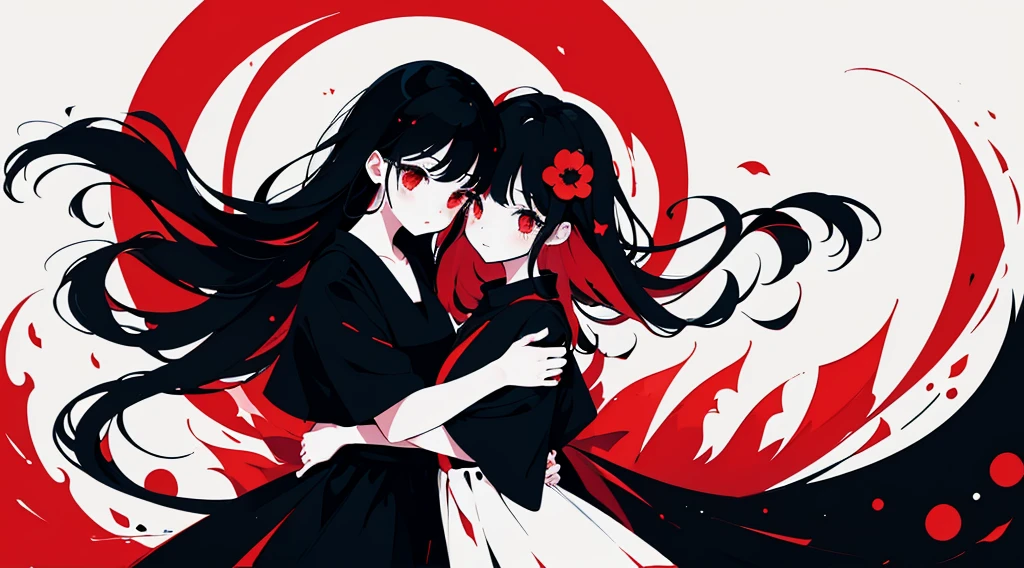 (2 girls, black hair, long hair, red eyes, black sundress, hug, cute, kawaii), (red moon, black flower field), (low contrast, flat color, limited palette)