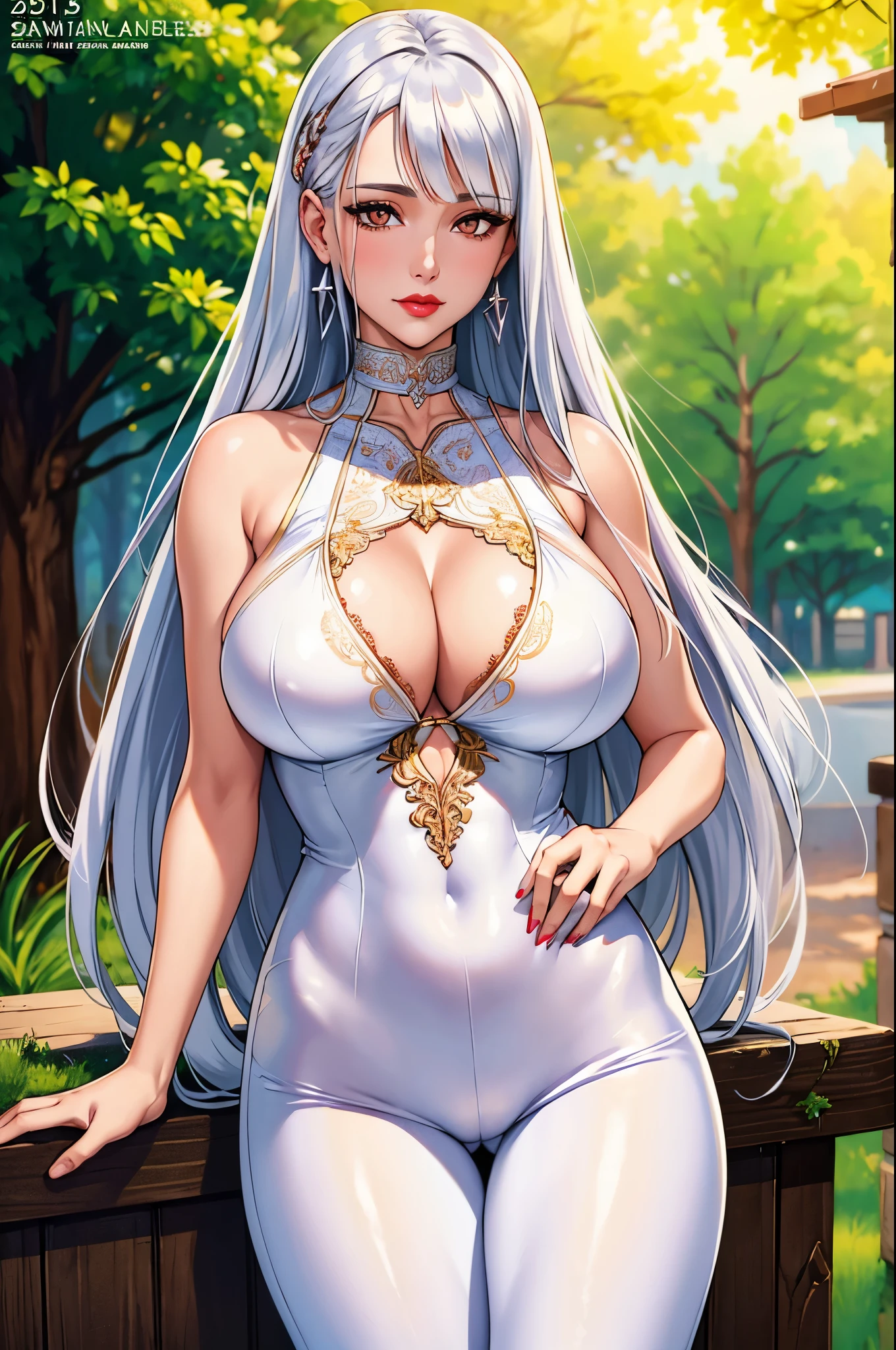 Portrait, magazine cover, outdoors, bokeh background, depth of field, beautiful woman, woman, red lips, very long and straight silver hair, straight bangs, silver eyes, white sleeveless blouse, very tight white pants, earrings, choker ( huge breasts) (masterpiece), (best quality: 1.2), absurd and intricate details, (highly detailed skin: 1.2) (cowboy photo),