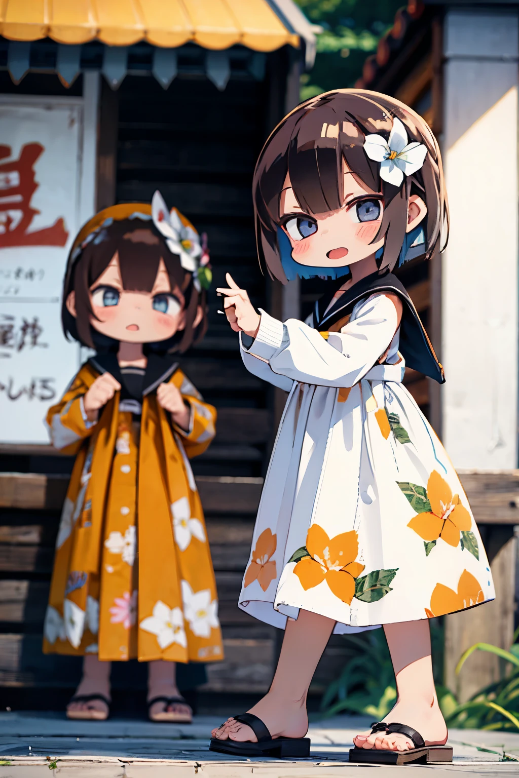 Stand in front of the photo、1girl in,Full body,a short bob,sandal、summer sweater,Open mouth and big smile、kawaii pose、stroll、Taken from the side、Flowing iridescent silk、up of face、Eye Up、Colorcon with heart pattern、Floral dress、There are flowers even in front of you、season!!:夏天☀ 🍂