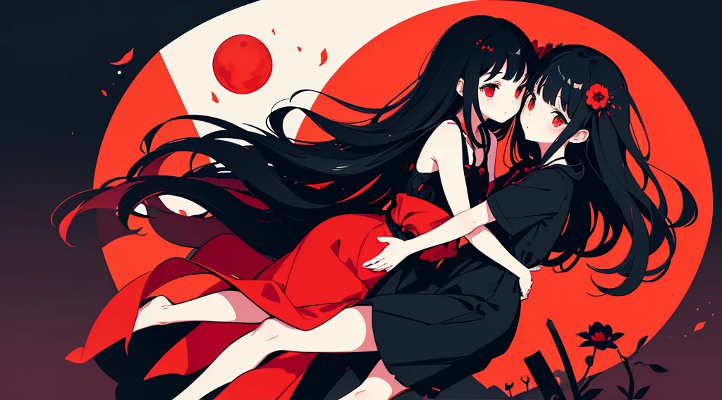 (2 girls, black hair, long hair, red eyes, black sundress, hug, cute, kawaii), (red moon, black flower field), (low contrast, flat color, limited palette)