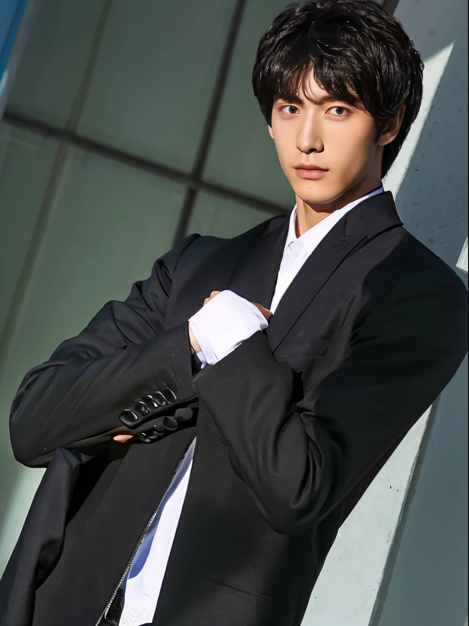 Handsome, tall, black jacket, black short comma hair, school, korean white skin, intimidating