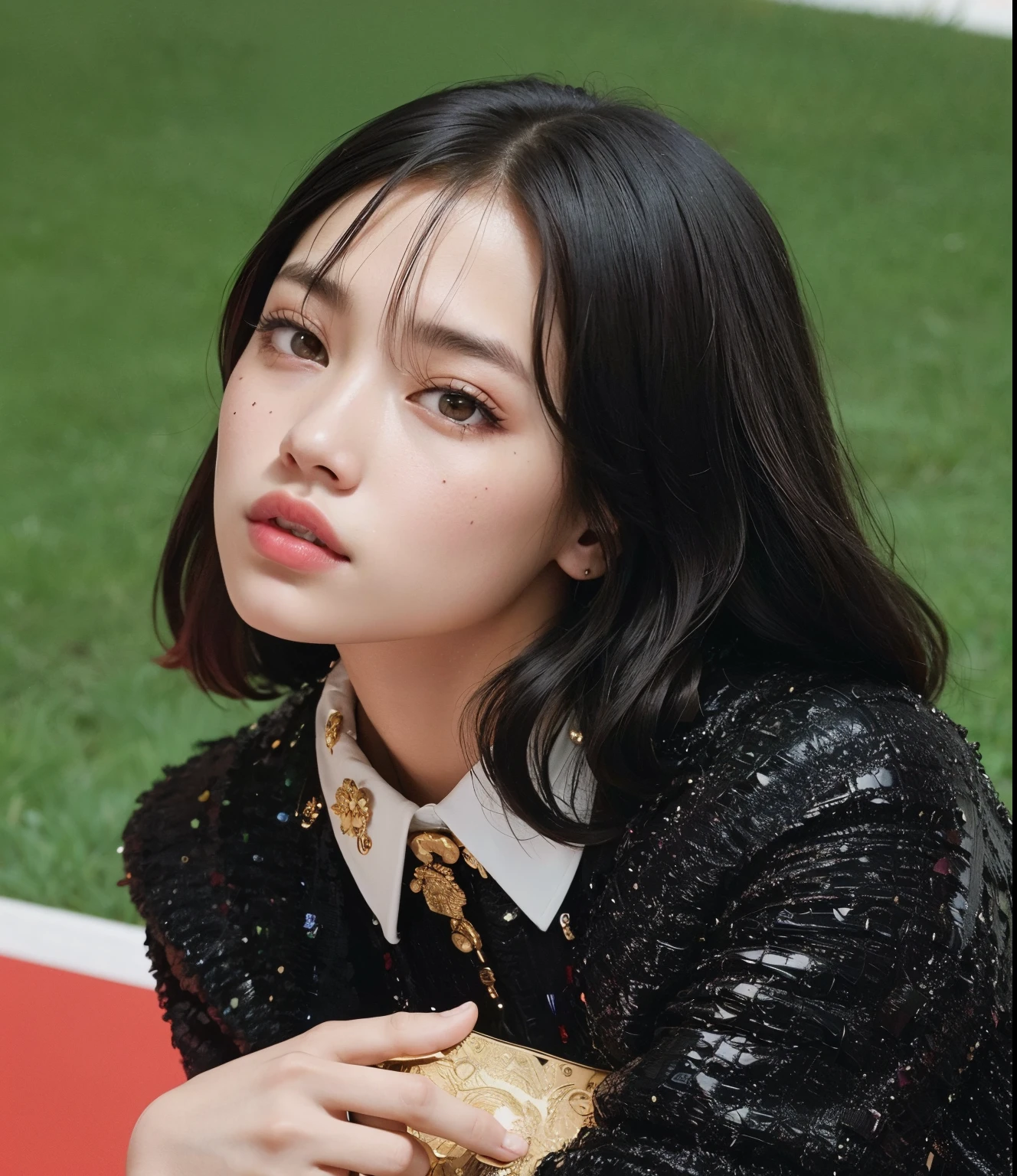 Mujer araffe con cabello negro y un top negro sentada en un piso rojo y blanco., Kiko Mizuhara, portrait of Jossi de Blackpink, Sun Yunjoo, Blackpink Jennie, Jossi de Blackpink, Billie Eilish, Ella tiene el pelo negro con flequillo, Retrato Jisoo Blackpink, Jisoo de Blackpink, Jisoo de Blackpink, Parque Ji-min