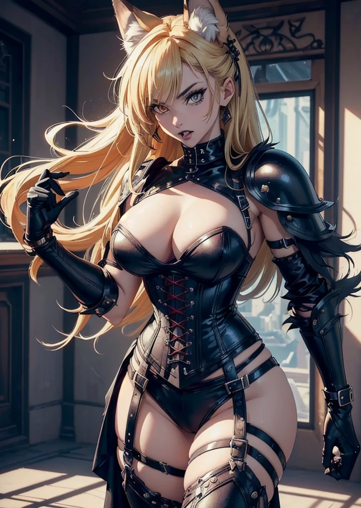 ((best quality, masterpiece, 4k, 8k, high res)), ((furry; Anthro Wolf)), blonde, dynamic pose, ferocious, fangs, full body, female werewolf, sexy, vibrant colors, (edgy punk hairstyle), knight armor, well-toned abs, Victorian dress, goth corset,