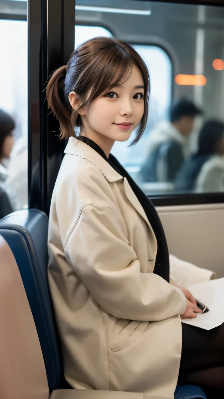(top-quality、8k、32k、​masterpiece、UHD:1.2)、depth of field:1.2、black smoke:1.1、Photo of a cute Japanese woman、Short Woman、30-years old、beautiful and flawless face, Long、poneyTail, short brown hair、beauitful face、A slender:1.2、intricate-detail, Cinematic feel,full of shyness、a smile、Composition in which no face is visible except for women、Trem lotadoで背の高い男性に囲まれている、the body is in close contact with the male,、Trem lotado、On the train、strap、Winter clothes、long-sleeve、commute、wearing white outerwear、There are a lot of people、Sitting、directly in front