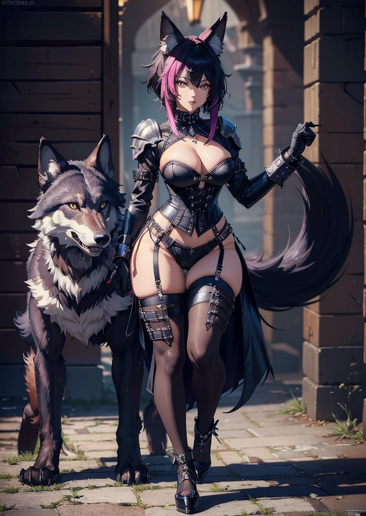 ((best quality, masterpiece, 4k, 8k, high res)), ((furry; Anthro Wolf)), brunette, dynamic pose, ferocious, fangs, full body, female werewolf, sexy, vibrant colors, (edgy punk hairstyle), knight armor, well-toned abs, Victorian dress, goth corset,