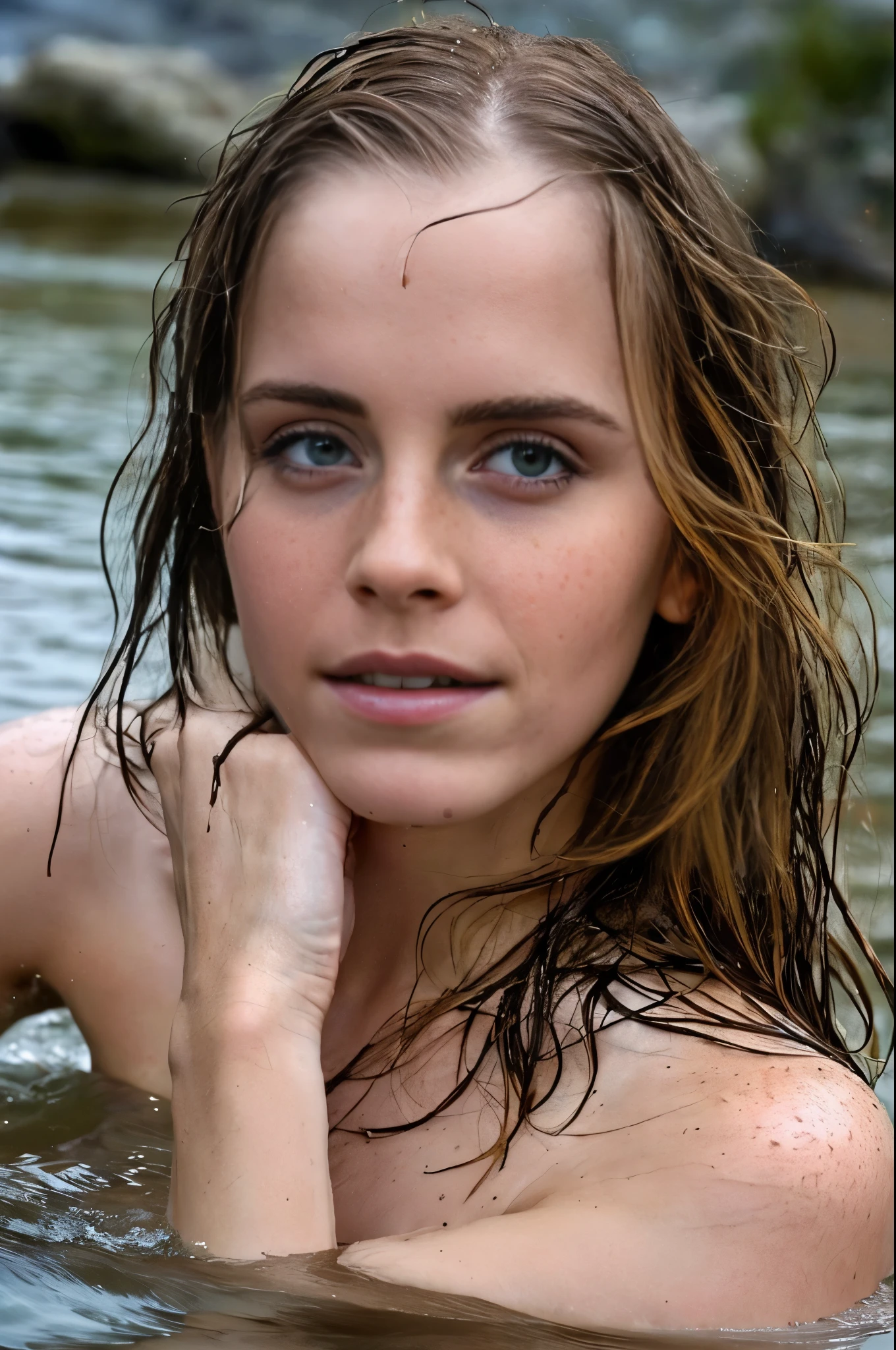 Hot face of Emma Watson, sexy woman, wet hair , gorgeous feminine face, freckles , 40 yo woman , (hyper photorealistic ) insanely detailed skin texture