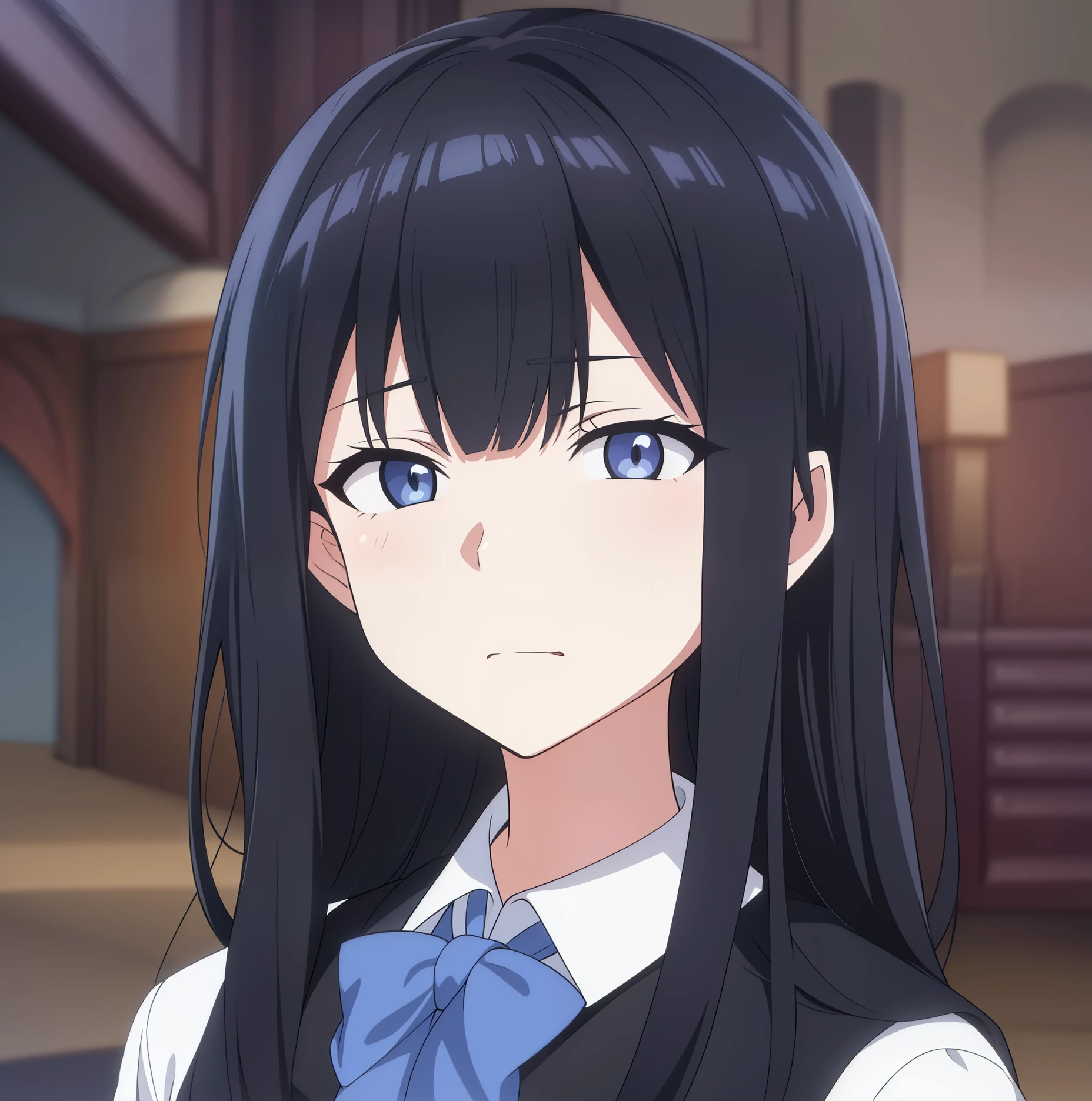 hiquality, tmasterpiece. the anime. (one girls) aristocrat. dark colored hair. gray eyes. An indifferent face. Black Collet. white shirt. bow. against the backdrop of the palace room.