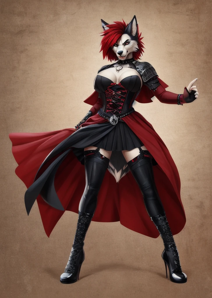 ((best quality, masterpiece, 4k, 8k, high res)), ((furry; Anthro Wolf)), red hair, dynamic pose, ferocious, fangs, full body, female werewolf, sexy, vibrant colors, (edgy punk hairstyle), knight armor, well-toned abs, Victorian dress, goth corset,