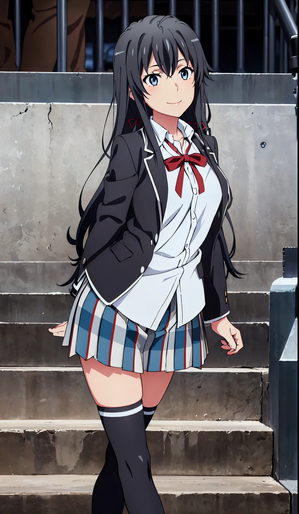 Best quality, masterpiece, highres, 1girl, yukinoshita yukino , school uniform, Plaited skirt, long hair, red ribbon, white shirt, black jacket, Thigh socks , blue eyes, boobs, Standing, smile, school background