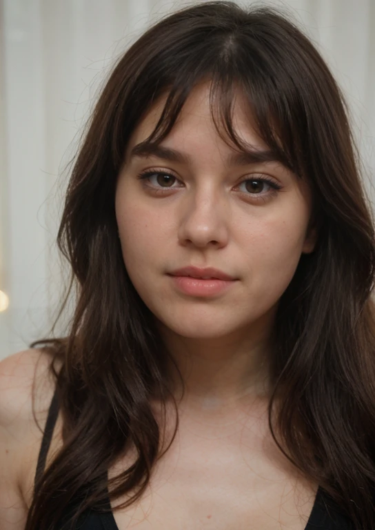 Closeup photo of a pretty young 1girl, big cheeks, very long hair, black hair, side-swept bangs, side fring hair face closeup, Photo, best quality, realistic, 8k,