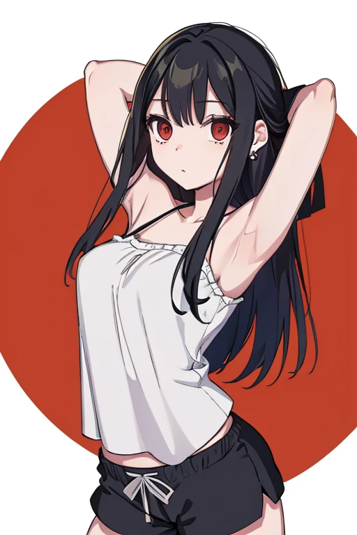 (extremely detailed CG unity 8k wallpaper), (masterpiece), (best quality), (ultra-detailed), (best illustration), (best shadow), (absurdres), 1girl, solo, Chihara, 1girl, solo, black hair, shorts, long hair, looking at viewer, black shorts, arms behind head, contrapposto, spread armpit, camisole, red eyes, breasts, earrings, short shorts,