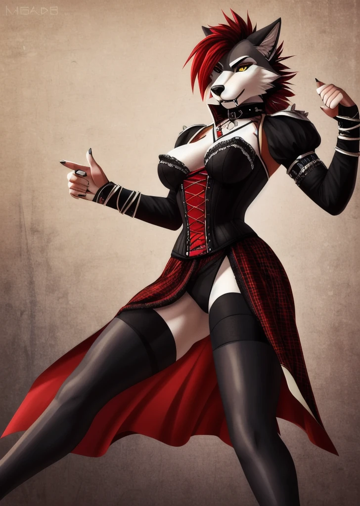 ((best quality, masterpiece, 4k, 8k, high res)), ((furry; Anthro Wolf)), red hair, dynamic fighting pose, ferocious, fangs, full body, female werewolf, sexy, vibrant colors, (edgy punk hairstyle), knight armor, well-toned abs, Victorian dress, goth corset,