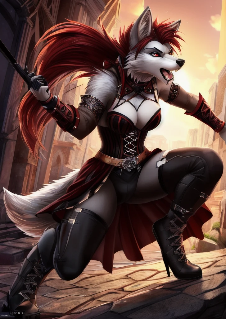 ((best quality, masterpiece, 4k, 8k, high res)), ((furry; Anthro Wolf)), red hair, dynamic fighting pose, ferocious, fangs, full body, female werewolf, sexy, vibrant colors, (edgy punk hairstyle), knight armor, well-toned abs, Victorian dress, goth corset,