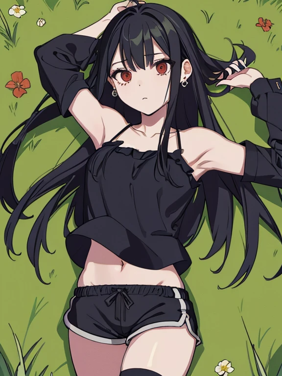 (extremely detailed CG unity 8k wallpaper), (masterpiece), (best quality), (ultra-detailed), (best illustration), (best shadow), (absurdres), 1girl, solo, Chihara, 1girl, solo, black hair, shorts, long hair, looking at viewer, black shorts, lying, on back, arms up, on grass, spread arms, camisole, red eyes, breasts, earrings, short shorts,
