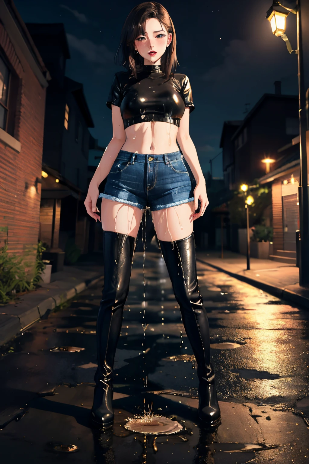 highres, beautiful women, high detail, good lighting, lewd, hentai, (no nudity), (((jeans))), ((tight leather top)), (((leather thigh high boots))), bare midriff, ((wet crotch)), (((peeing herself))), (((wetting herself))), pee streaming down legs, peeing stain, (puddle), (thick thighs), nice long legs, lipstick, detailed face, pretty face, embarrassed blushing face, humiliated, (full body shot), ((legs spread)), ((standing under streetlight at night))