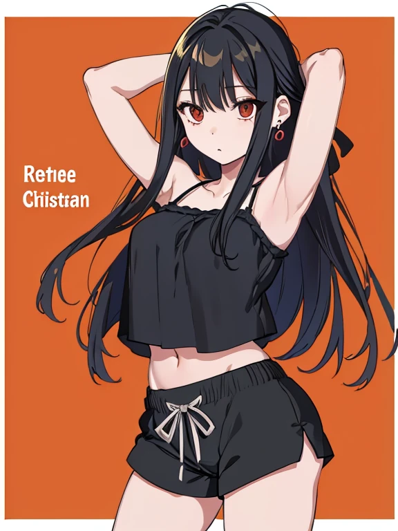 (extremely detailed CG unity 8k wallpaper), (masterpiece), (best quality), (ultra-detailed), (best illustration), (best shadow), (absurdres), 1girl, solo, Chihara, 1girl, solo, black hair, shorts, long hair, looking at viewer, black shorts, arms behind head, contrapposto, spread armpit, camisole, red eyes, breasts, earrings, short shorts,