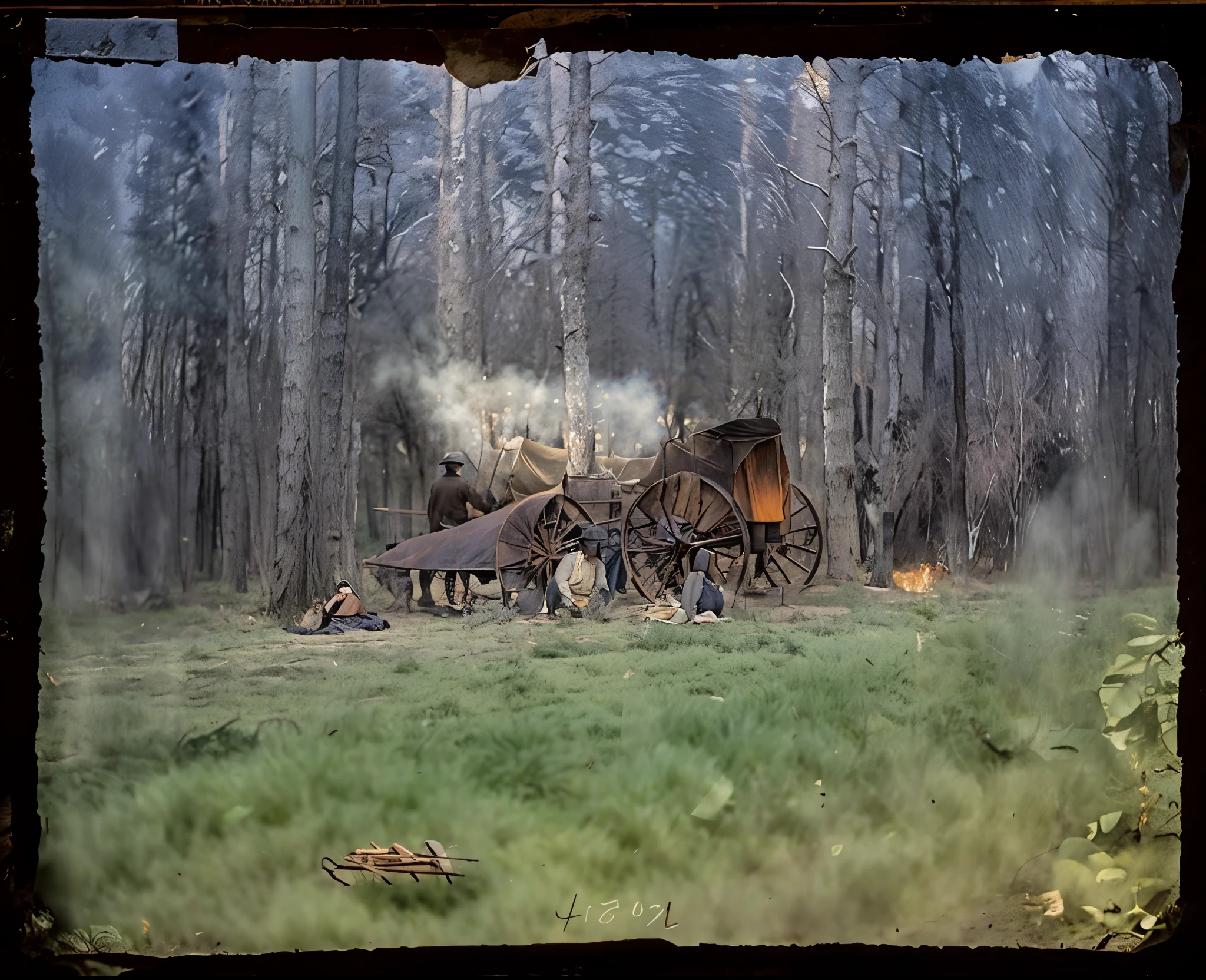 there are horses pulling a covered wagon in the woods, [ western film ], high resolution film still, 1942, 1 9 4 2, 1952, color footage, 1943, 1 9 4 1, color film still, old color photograph, 1 9 4 0, 1940, 1 9 6 2, 1962