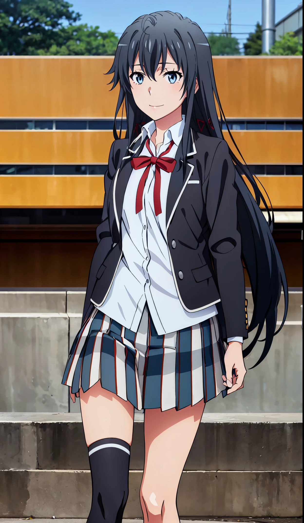 Best quality, masterpiece, highres, 1girl, yukinoshita yukino , school uniform, Plaited skirt, long hair, red ribbon, white shirt, black jacket, Thigh socks , blue eyes, boobs, Standing, smile, school background