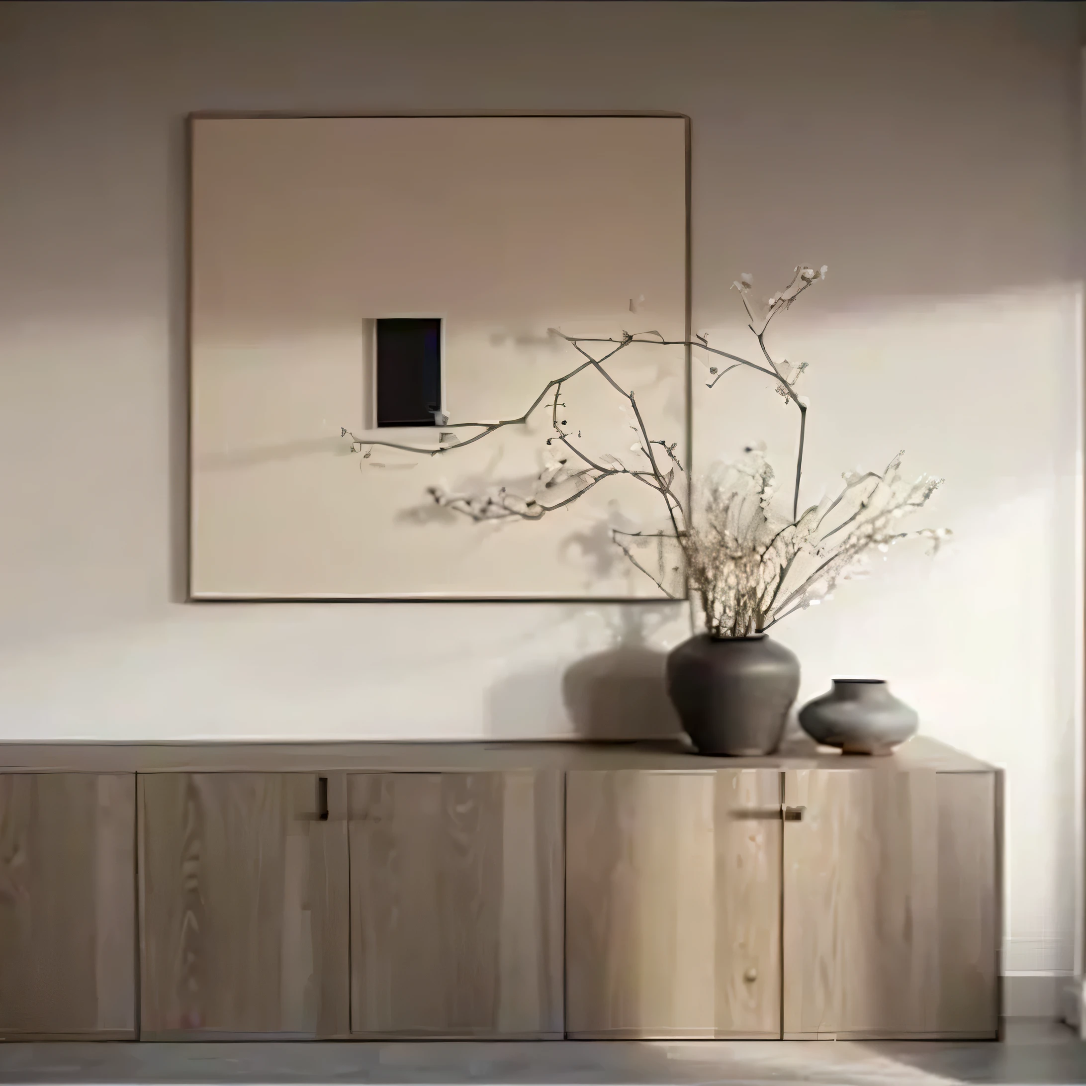 Close-up of vase with fresh flowers on wooden table, Modern earth tones neutral earth tones, Beige and dark atmosphere, Wood wall with framed art, and beautiful, subtle earthy tones, Pastel colors and minimalism, Dark and beige atmosphere, wood cabinets, placed in a living room, 8K HD quality,Natural pastel tones, inspired by Constantin Hansen, inspired by David Chipperfield