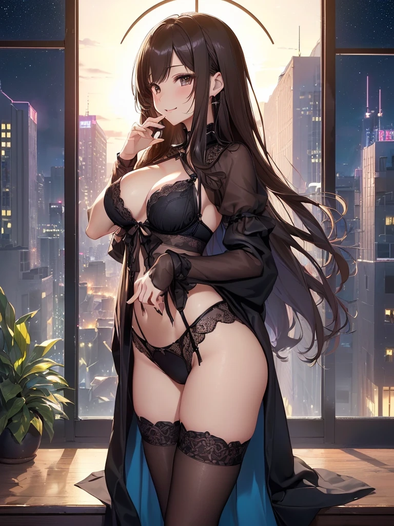 top-quality、Top image quality、masterpiece、Angle seen from the side、Beautiful Gothic girl((20yr old、Best Bust、big bast、Bust 90,Beautiful long hair、A slender、a closeup、Esbian、Beautiful underwear、hiquality、Beautiful Art、Luxury hotel in the city、Renaissance art,masutepiece、visualart、depth of fields、、、🎵、Happy smile、Gentle light、、Beautiful legs that are gentle on the skin、、Number of fingers to achieve precise finger movements、nffsw、nffsw、Kime Pose!Brown hair、、her clothes are black underwear、Feet in black stockings、How about?seductiv、Spread the legitimate starry sky out to the window、Beautiful urban night view、Sexy mood、Sexy Night.nffsw、black stockings on sexy legs、Fits perfectly on the skin、Standing in front of a city night view made entirely of glass