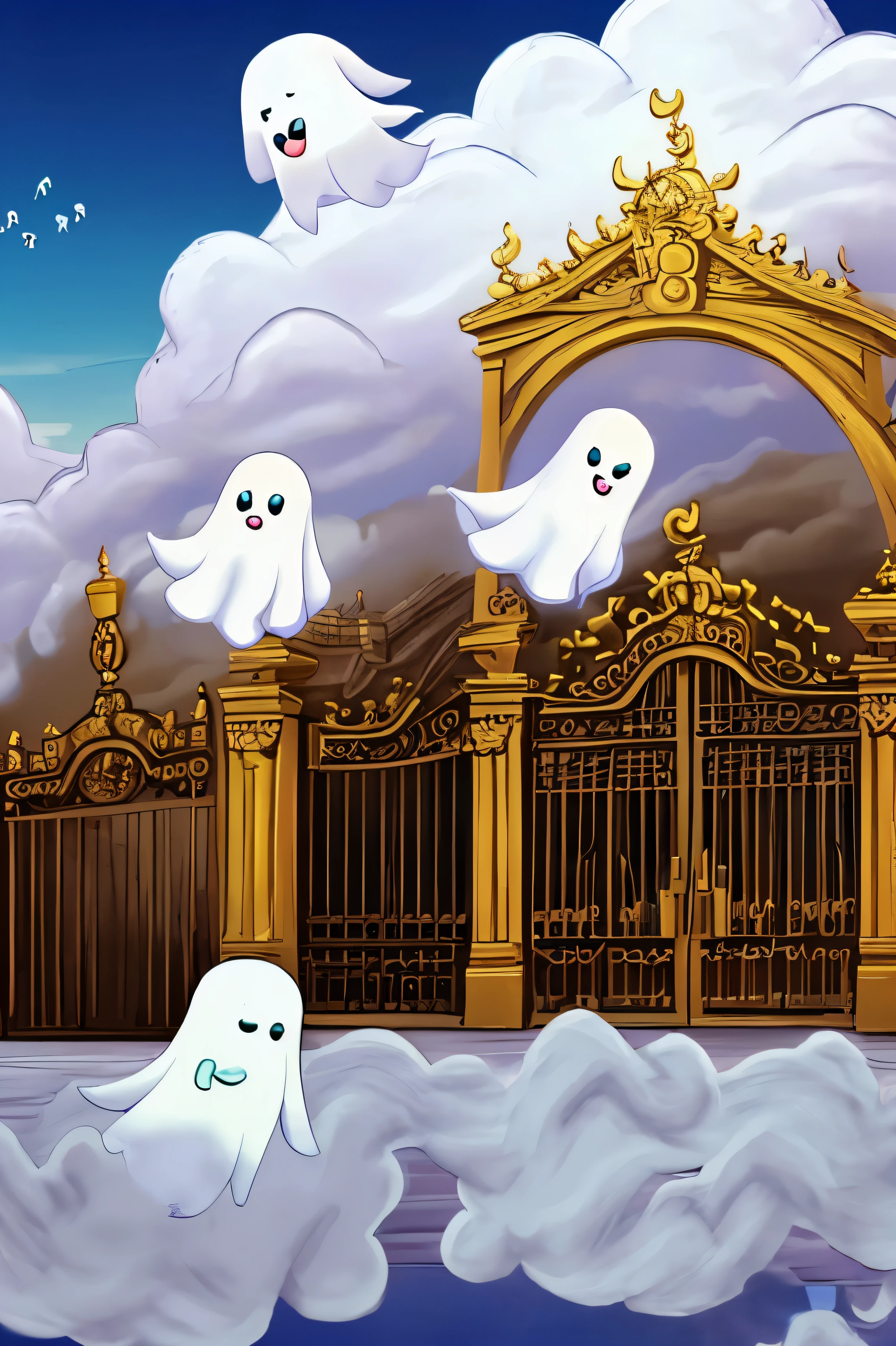 (((cute ghosts))) (((((above clouds))))), happy, silly, in front of huge ((baroque gold gate)),