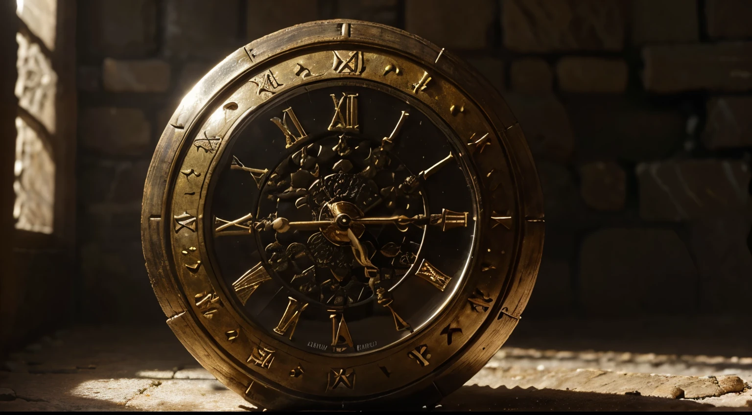 (biblical era,ancient time balance on a big stone),(best quality,ultra-detailed,high-res,realistic),ancient bronze clock,antique timepiece,vintage pendulum clock,meticulously carved stone,weathered stone surface,solemn atmosphere,golden sunlight filtering through a dusty window,cracks and moss-covered details,epic proportions and grandeur,historical artifact,ancient scriptures and symbols,subtle dust particles dancing in the air,sublime sense of time and history,dramatic lighting and shadows,rich earth tones,aged patina of the clock,ornate engravings and intricate patterns,ancestral connection with the divine,harmony between the manmade and the natural,fleeting moments captured and measured,whispering echoes of the past.