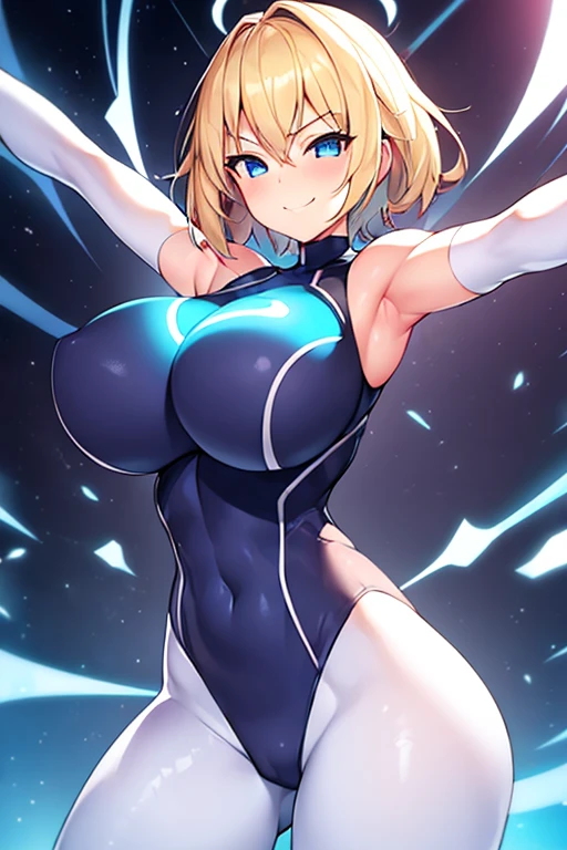 1girl, breasts, wide hips, large breasts, blonde hair, very short hair, blue eyes, smile, smirk, smug, bodysuit, white bodysuit, neon, neon trim, incoming hug, outstretched arms,