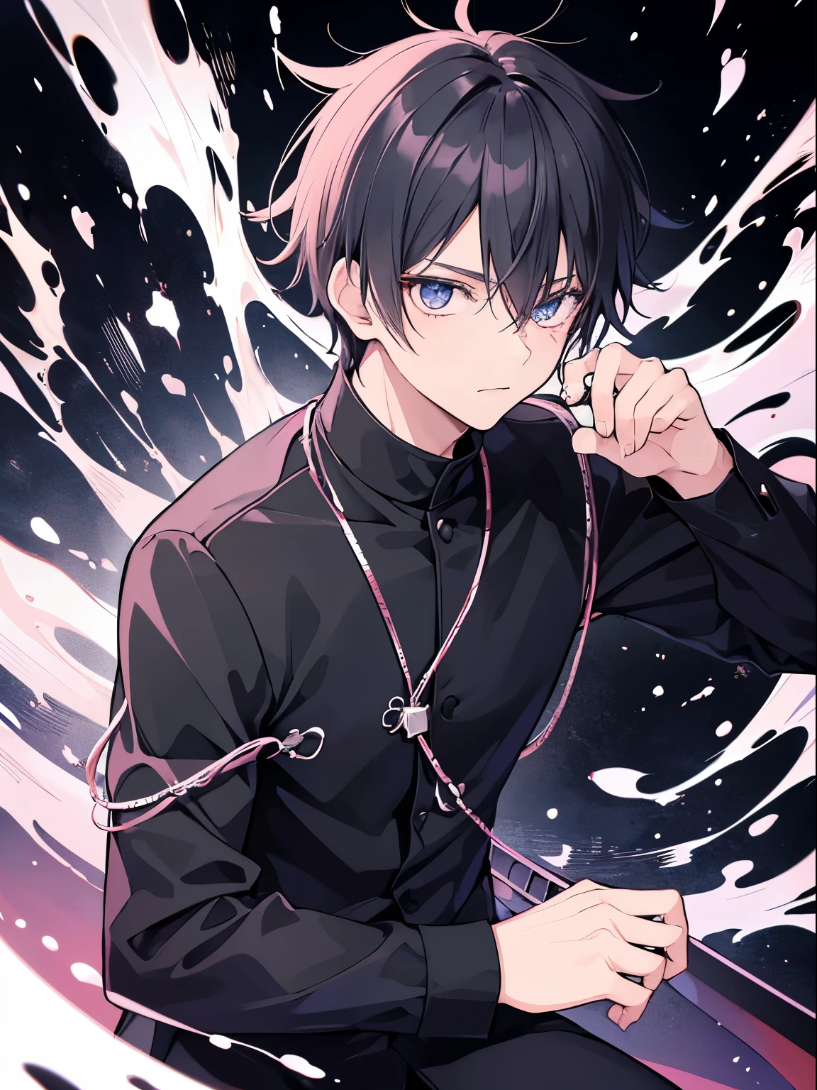 create a black and white Jujutsu no kaisen manga style image with a young male character extremely similar to Gaku from the Sakamoto Days manga, ele tem cabelo curto fe cor ciano claro e um capuz azul escuro quase preto, e olhos pretos, He wears red earrings and he is holding a heavy sword, he is extremely handsome and stylish, a imagem detalha bem ele, he is anime style.