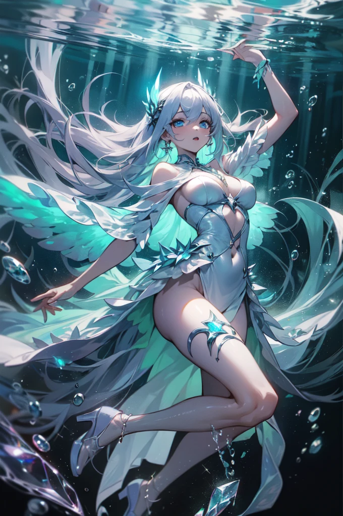 masterpiece, highest quality, 4k, high quality, insane details, illustration, 1girl, white long hair, light blue eyes, frilly dresorest), dark atmosphere, mystical, perfect body, perfect face, beautiful eyes, bioluminescence, bioluminescent water shining through her dress, shiny, translucent, volumetric lighting, crystal earrings, aesthetic, detailed background, full body shot