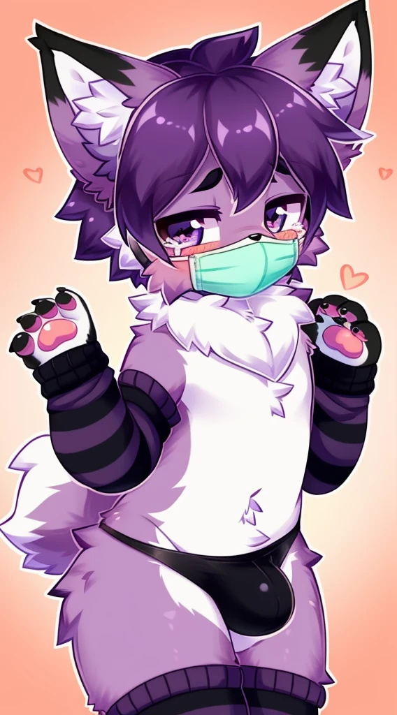 Furry male, eyeliner, eyelashes, (((black eyeshadow))), ((male focus)), lynx, (((purple fur))), (purple hair), furry, cute fangs, cute, medium hair, furry, anime style, fluff, fluffy, thuft, disheveled, realistic fur, detailed, detailed shadows, cheeks fluff, ((fullrender)), (((neck fluff))), <3 eyes, icon portrait, avatar icon, only face, smug face, ((super fluffy)), (upper body), one fang, ((shoulder fluff)), ((shoulder tuft)), ((hairy body)), (((fluffy body))), (((furry body))), thicc thighs, detailed hands, yiffy, teasing face, ((bedroom background)), (((kemono))), ((leg warmers)), ((arm warmers)), upper body, seductive pose, solo focus, ((by jinxit)), pawpads, claws, Bulge, thong, facemask, tears,