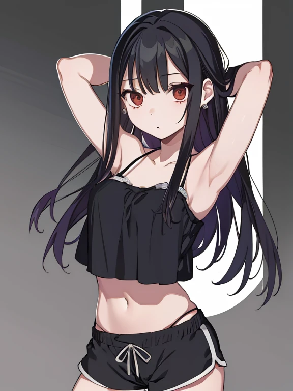 (extremely detailed CG unity 8k wallpaper), (masterpiece), (best quality), (ultra-detailed), (best illustration), (best shadow), (absurdres), 1girl, solo, Chihara, 1girl, solo, black hair, shorts, long hair, looking at viewer, black shorts, arms behind head, contrapposto, spread armpit, camisole, red eyes, breasts, earrings, short shorts,