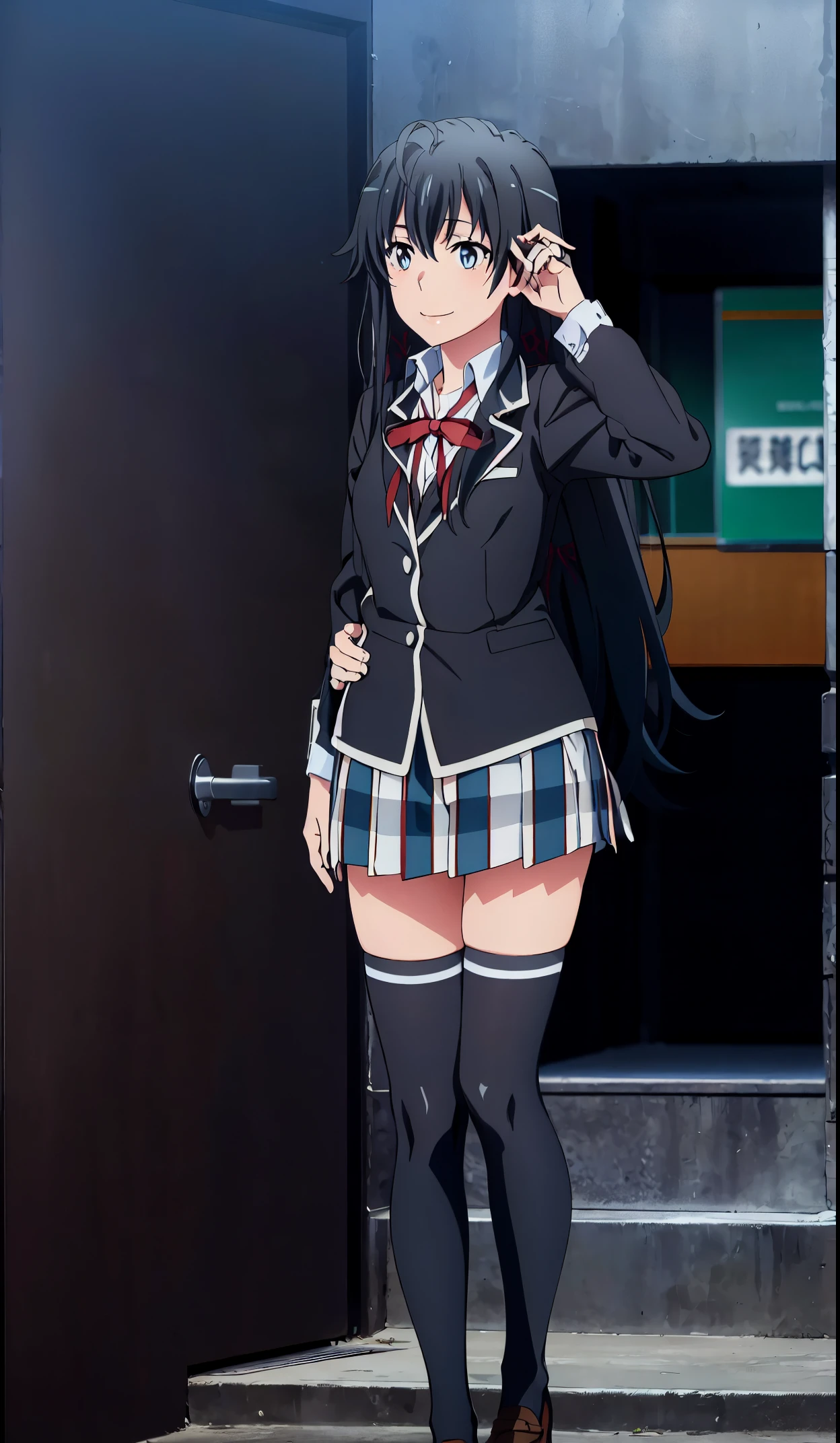 Best quality, masterpiece, highres, 1girl, yukinoshita yukino , school uniform, Plaited skirt, long hair, red ribbon, white shirt, black jacket, Thigh socks , blue eyes, boobs, Standing, smile, school background