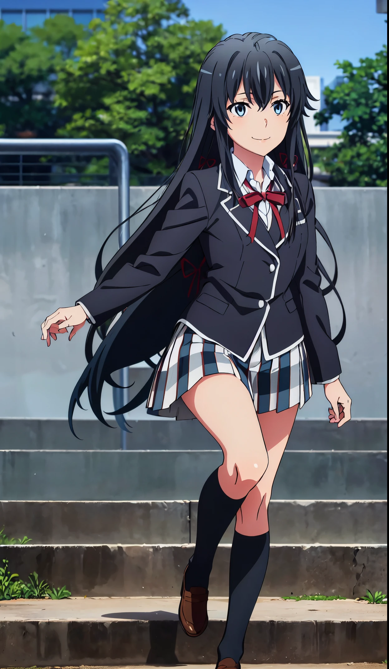 Best quality, masterpiece, highres, 1girl, yukinoshita yukino , school uniform, Plaited skirt, long hair, red ribbon, white shirt, black jacket, Thigh socks , blue eyes, boobs, Standing, smile, school background