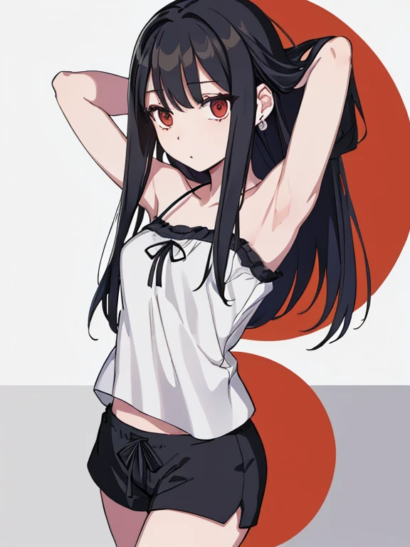 (extremely detailed CG unity 8k wallpaper), (masterpiece), (best quality), (ultra-detailed), (best illustration), (best shadow), (absurdres), 1girl, solo, Chihara, 1girl, solo, black hair, shorts, long hair, looking at viewer, black shorts, arms behind head, contrapposto, spread armpit, camisole, red eyes, breasts, earrings, short shorts,