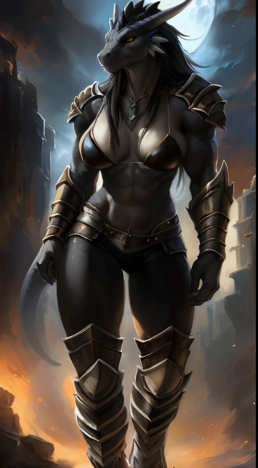 Dragon girl, big chest, day, sexy, sensual, detailed, uploaded to e621, beautiful and detailed portrait of an powerful anthropomorphic dragon ((female))) kenket, ross tran, ruan jia, uploaded to e621, zaush, foxovh, scalie, silver scalie, movie lighting, barbarian armor, standing, moon lights, open legs, long hair, muscular, large breats, bikini armor, epic realism, Black skin