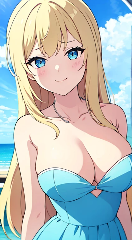 1_girl, solo, kashiwazaki_sena, blonde_hair, blue_eyes, large_breasts, smile, long_hair, strapless, short_blue_dress, looking_at_viewer, day, bracelet, pearl_necklace, jewelry, cleavage, sky, upper_body, collarbone, outdoors, blue_sky, clouds, bangs, closed_mouth, beautiful, Masterpiece