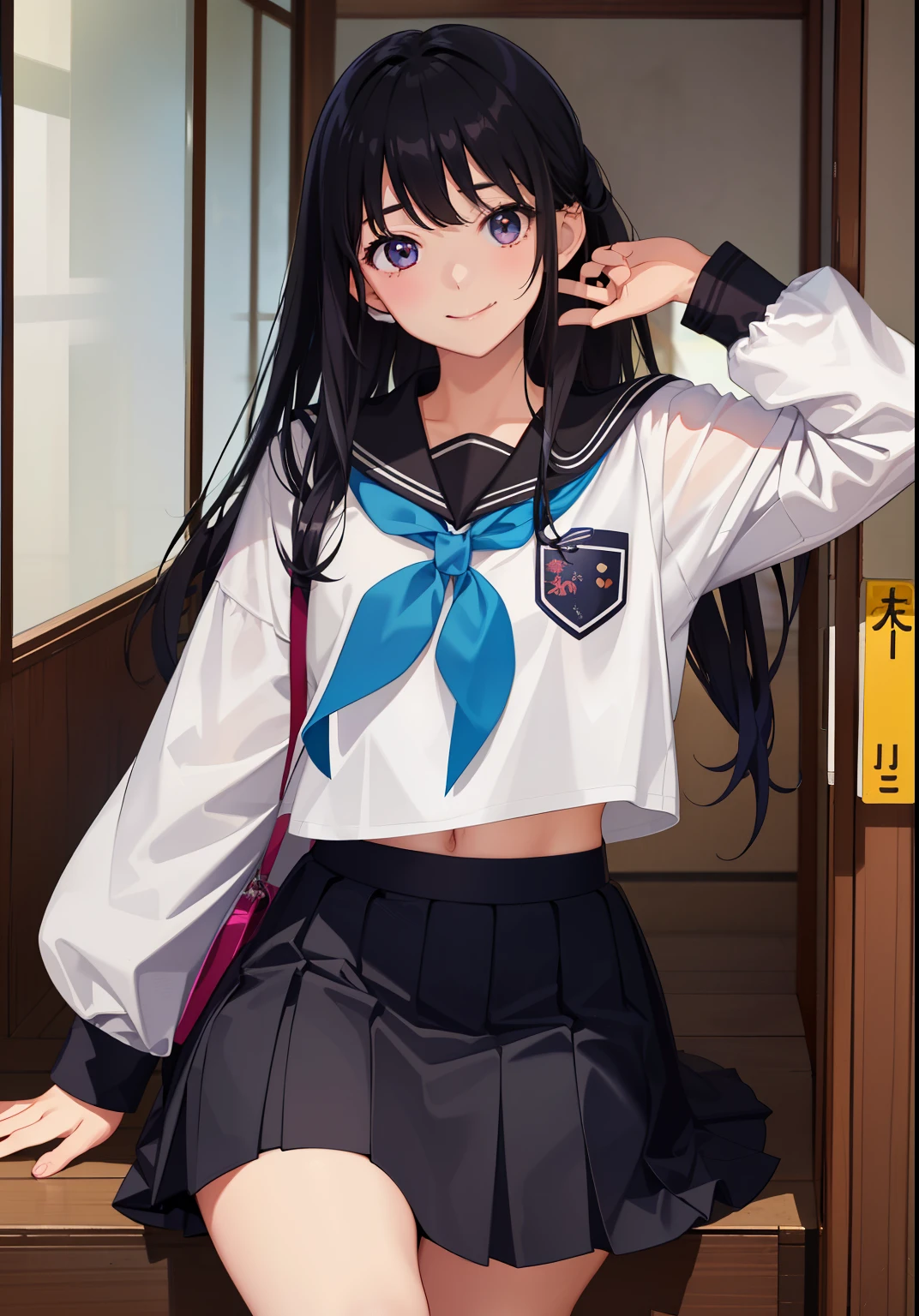 1girl in、A smile、The shirt、skirt by the、Light in the eyes、(highlight in eyes)、(small tits)Chilarism、Japan High School Student Uniform、serafuku、summer clothing、(Portrait from the knee up)、