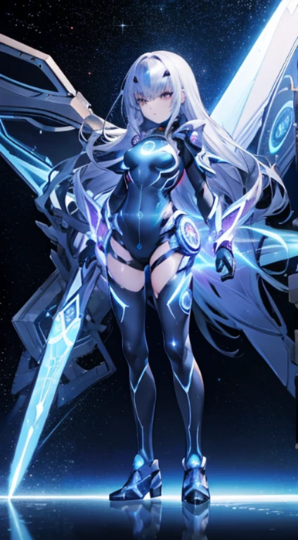 1girl in, Superhero, long boots, gloves, medium breasts, glowing body, the light that surrounds her body, light Particle, Space background, floating, Cowboy Shot, Full body shot, super powers, Perfect ???????.