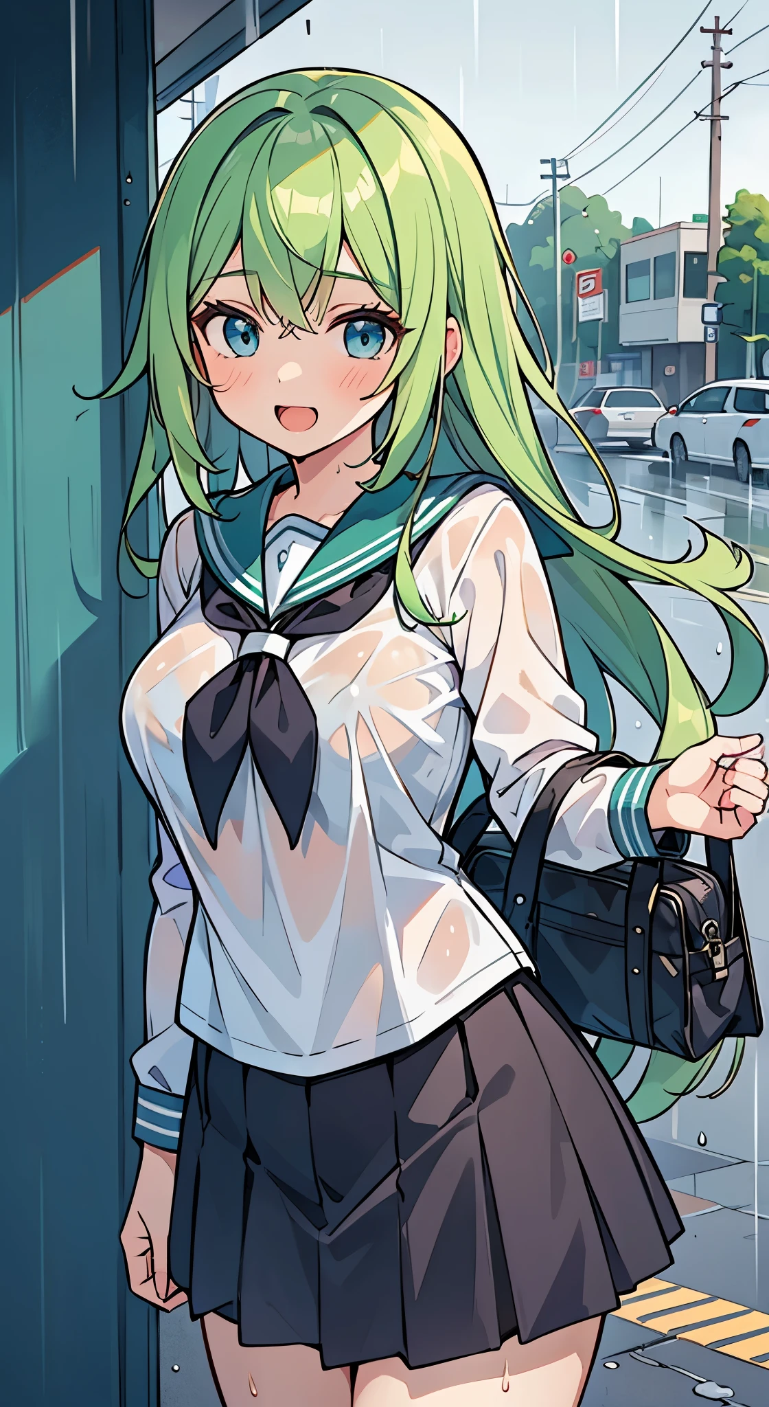 ((Pretty High School girl with green hair and blue eyes)), ((wearing wet Sailor suit and black skirt)), face, ((master piece, top-quality, ultra-definition, high resolution)), anime girl, ((ultra-detailed illust:1.2)), only one person, bangs, hair between eye, beautiful hair, Shiny eyes, Medium breasts, Big smile, opened mouth, At the bus stop, ((rainy outside))