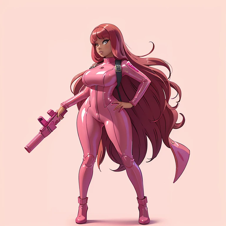 (nicki minaj), (fullbody), curvy, brown skin, long pink hair with bangs, makeup, super detailed, glossy pink latex jumpsuit holding a pink rifle, glossy pink latex outfit, wearing techwear and armor, utility belt, gun holsters