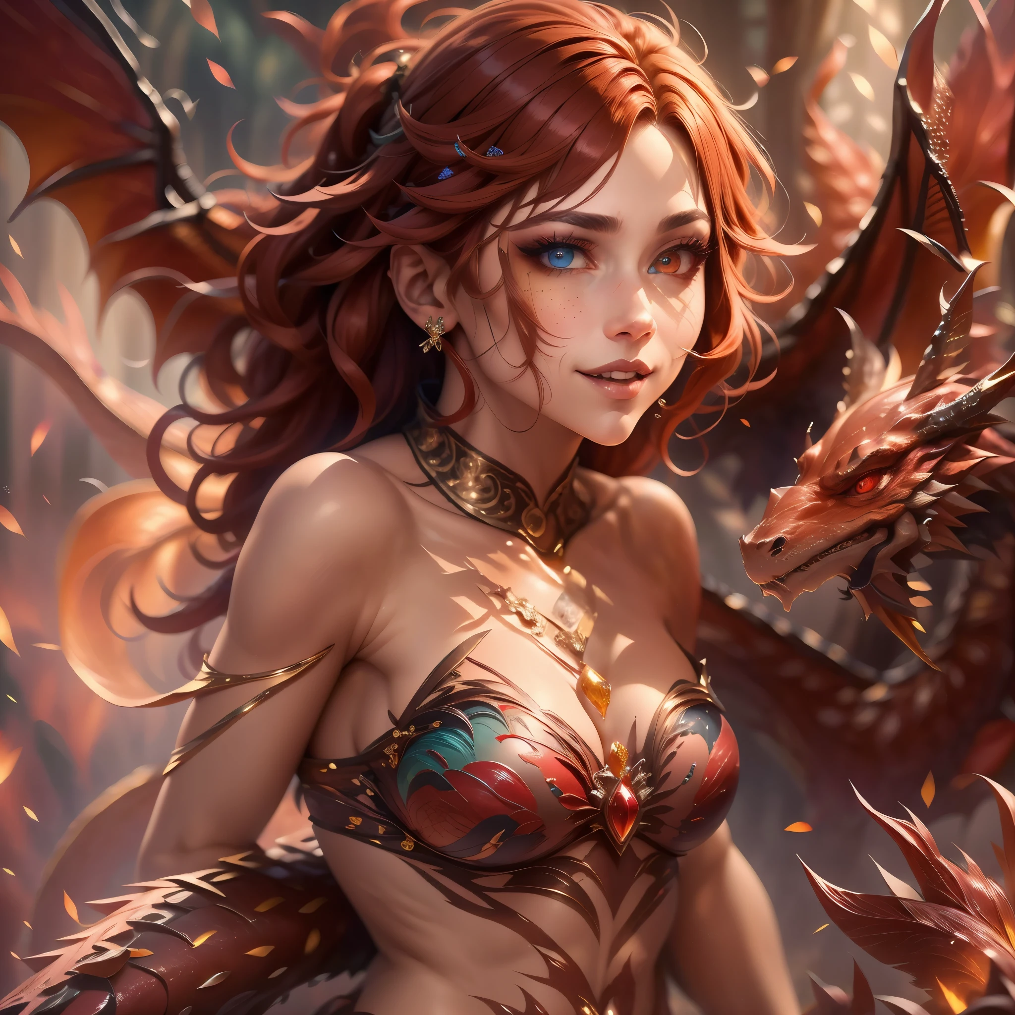 (best quality,4k,8k,highres,masterpiece:1.2), ultra-detailed, realistic, sexy dragon woman with ruby red glittering scales, long fiery red hair, very playful but mischievous smile, naked, nude, detailed crotch, detailed vulva, detailed pussy, sexy pose, playful, bi-coloured eyes, heterochromia, lustful