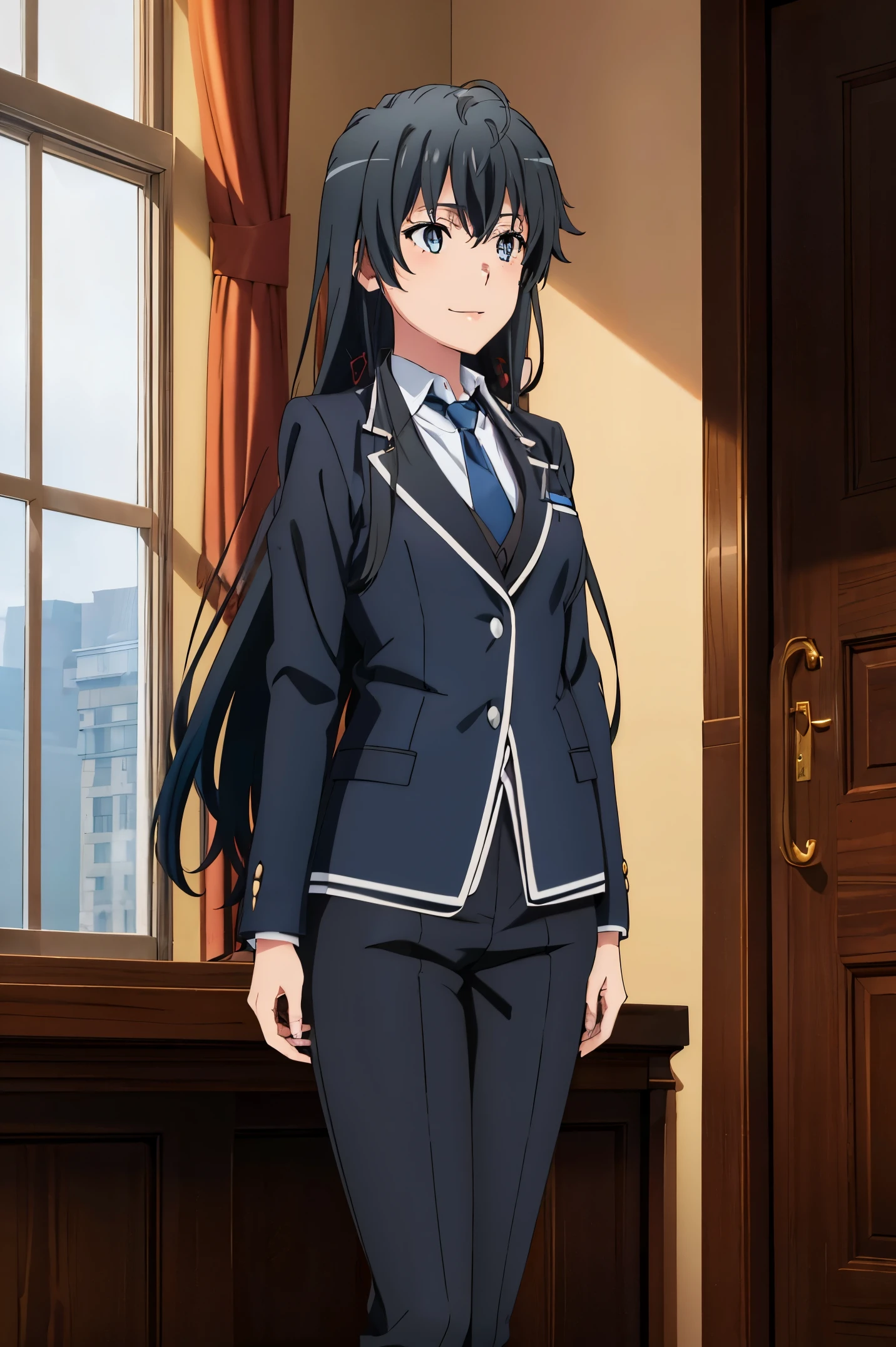 Best quality, masterpiece, highres,Yukinoshita yukino ,woman in formal attractive tailcoat standing in a large alcove in the room , 1girl, solo, blue necktie, black hair, blue eyes, long hair, smile , collared shirt, white pants, white shirt , tailored tailcoat elegant , standing in front of a window ,tailcoat tailored to elegant crafted from the lustrous fabric school background